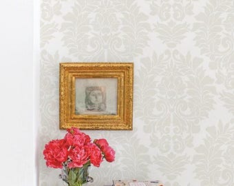 Damask Wallpaper Classic Wall Covering | Beige on White | Peel and Stick or Unpasted Wallpaper Mural | Non-toxic
