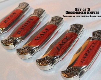 Groomsmen gift, set of 5, engraved pocket knives,  best man gift,  groomsmen gift,  groom gift,  rosewood handle hunting knife