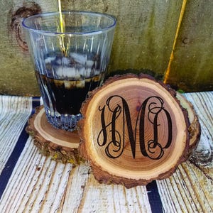 Monogrammed coasters, engraved coaster set, monogrammed gift, rustic wood coaster, custom wood coasters, tree slice coasters, gift for her