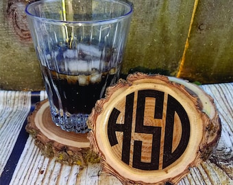 Circle Monogram coasters, engraved coaster set, monogrammed gift, rustic wood coaster, custom wood coasters, tree slice coasters, Christmas