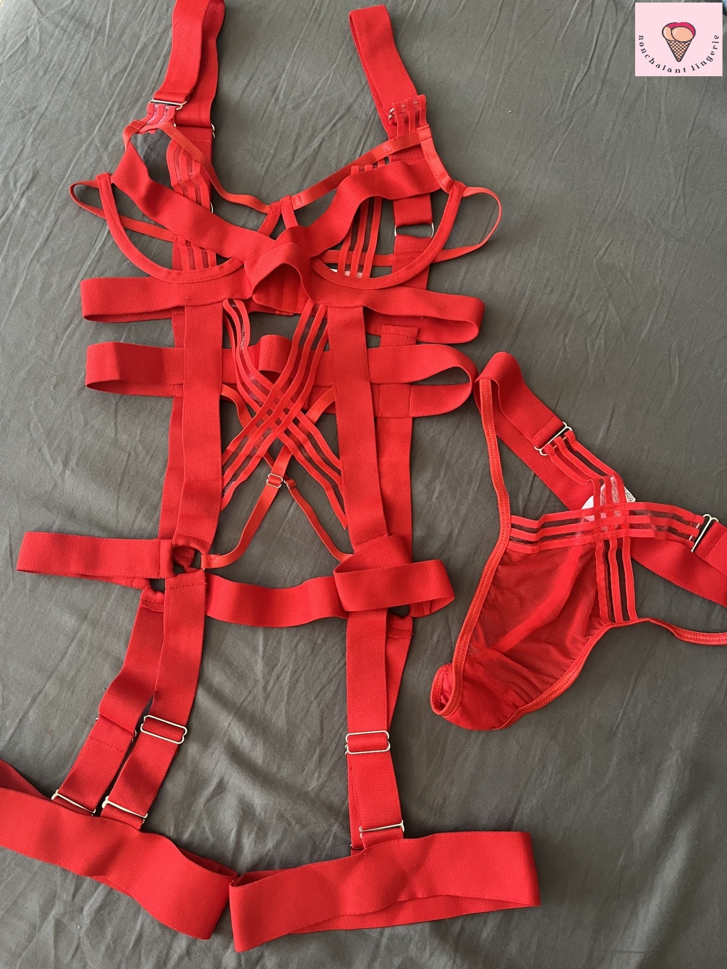 Plus Size Fire Love 2 piece Mesh lingerie set - Red