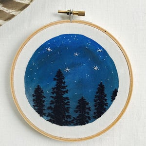 Hand Embroidery. Night Sky and Trees. Hoop Art. Embroidered Art. Stars. Wall Art. Home Decor. Embroidery Hoop. Forest. Constellation. image 1