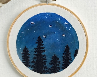 Hand Embroidery. Night Sky and Trees. Hoop Art. Embroidered Art. Stars. Wall Art. Home Decor. Embroidery Hoop. Forest. Constellation.