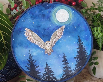 Embroidered Owl and Night Sky, Hoop Art, Nature, Moon and Stars, Home Decor, Finished Art