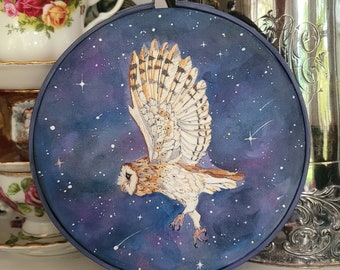 Flying Owl Embroidery,  Night Sky and Owl Art, Hand Embroidered Art, Home Decor, Nature Art, Woodland Series, Hoop Art