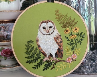 Owl and Fern Woodland Hand Embroidered Art,  Hand Embroidery, Nature Art, Cottagecore, Barn Owl, Hoop Art, Home Decor