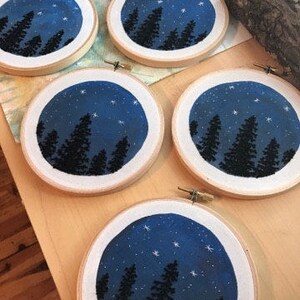 Hand Embroidery. Night Sky and Trees. Hoop Art. Embroidered Art. Stars. Wall Art. Home Decor. Embroidery Hoop. Forest. Constellation. image 4