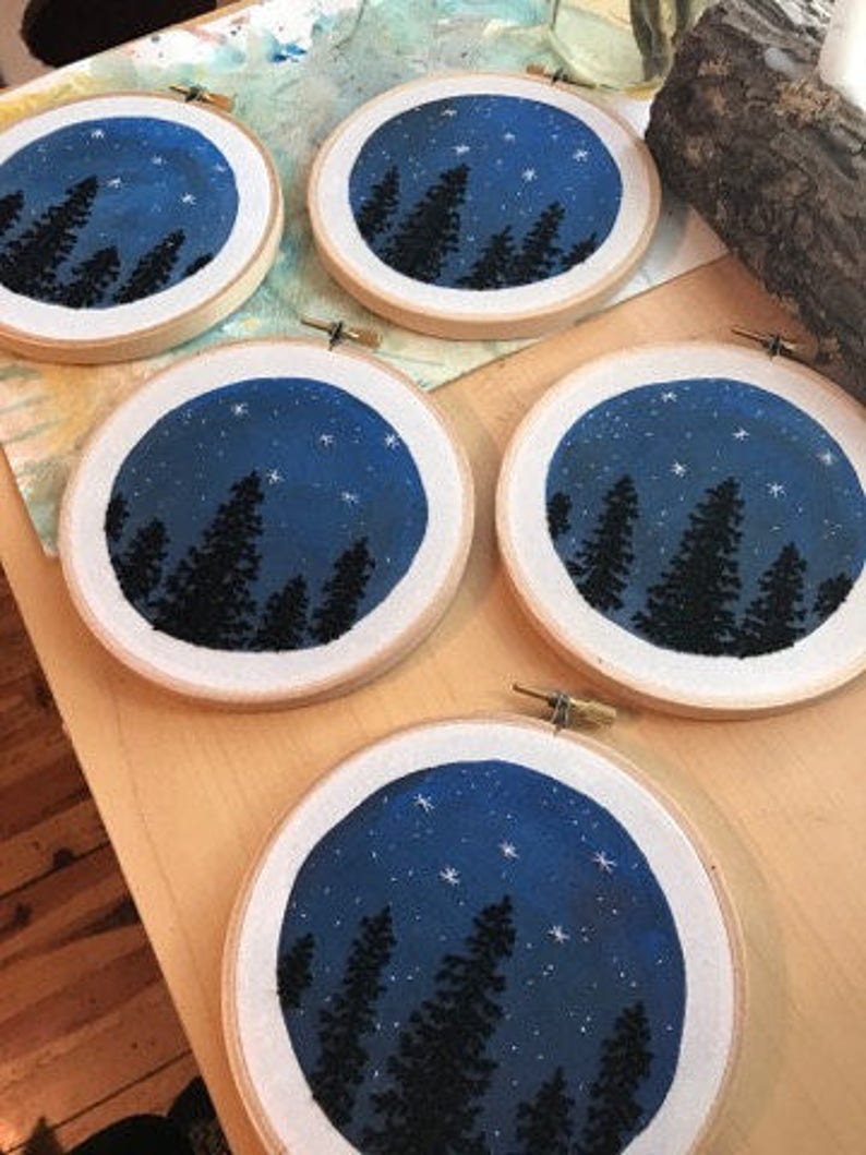 Hand Embroidery. Night Sky and Trees. Hoop Art. Embroidered Art. Stars. Wall Art. Home Decor. Embroidery Hoop. Forest. Constellation. image 4