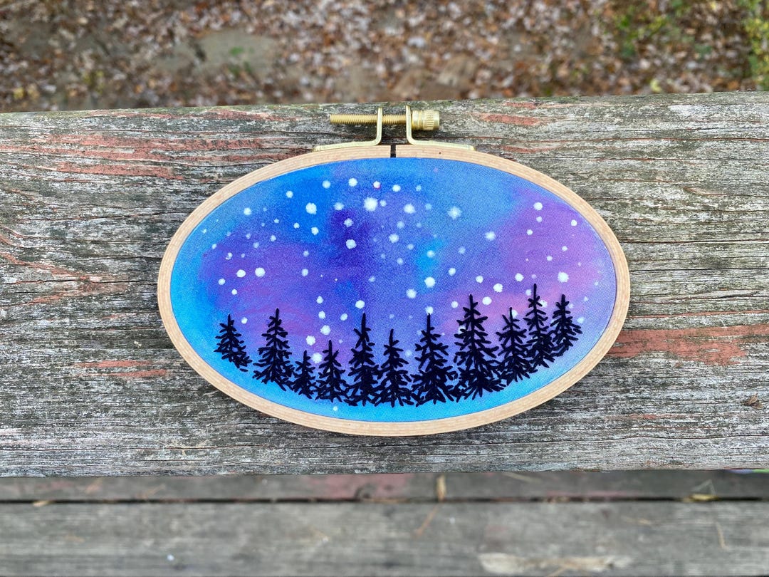 Night Sky. Trees. Pine. Nature. Hand Embroidery. Embroidery Hoop ...