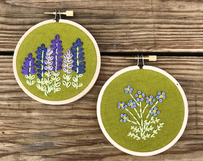 Floral. Lupines. Forget-me-nots. Hand Embroidered. Hand Embroidery. Embroidery Hoop. Wall Art. Home Decor. Handmade.