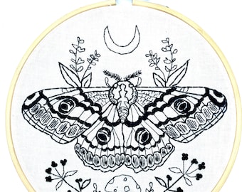 Moth. Moon. Nature. Mushroom. Hand Embroidery. Embroidered Art. Wall Art. Handmade. Embroidery Hoop.