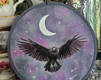 Crow and Moon Hand Embroidered Art, Hand Embroidery, Hoop Art, Woodland Series, Nature Art, Fall Decor, Cottagecore