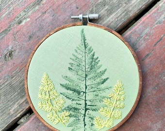 Handmade Fern Embroidery Hoop Art, Painted Fern Print, Nature Lover Gift