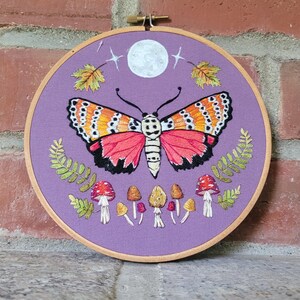 Moon and Bella Moth Hand Embroidered Art. Embroidery Hoop. Hoop Art. Wall Art. Moon. Moth. Woodland. Nature. Mushrooms. Hand Embroidery. Art