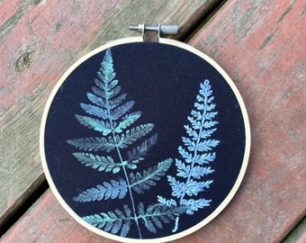 Fern. Fern Print. Nature. Embroidery Hoop. Embroidered Art. Hand Embroidery. Art. Gift.