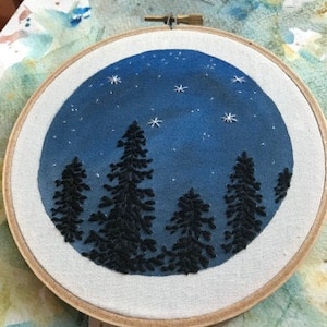 Hand Embroidery. Night Sky and Trees. Hoop Art. Embroidered Art. Stars. Wall Art. Home Decor. Embroidery Hoop. Forest. Constellation. image 2