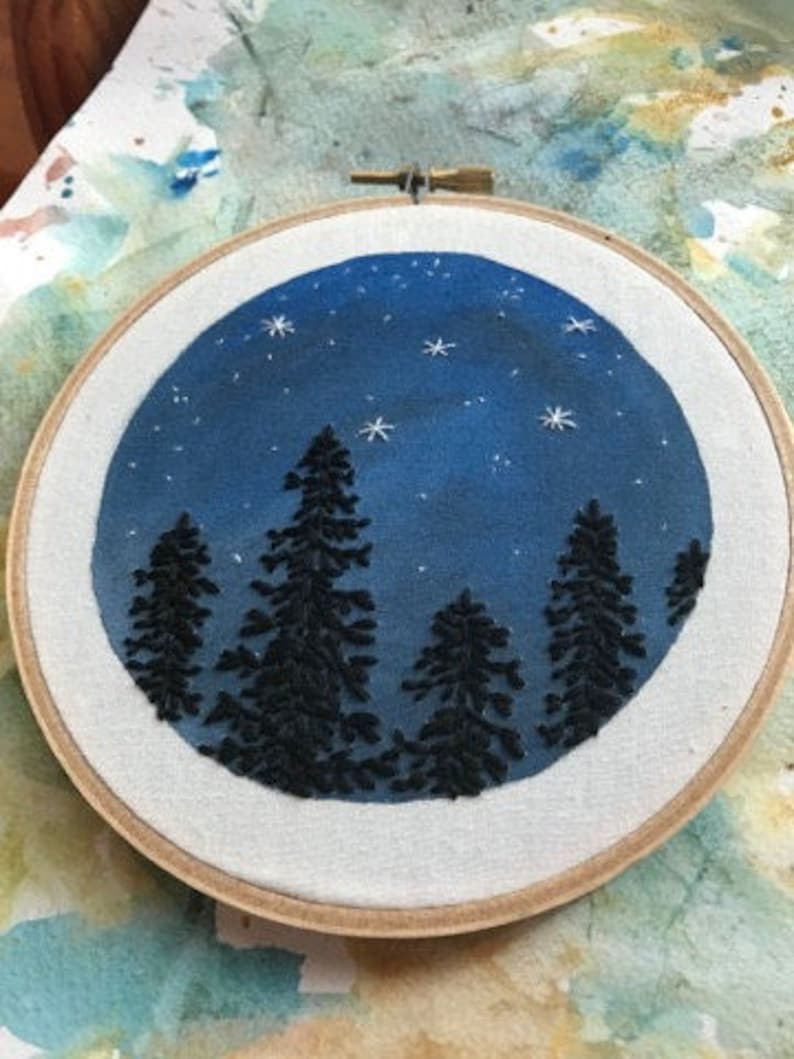 Hand Embroidery. Night Sky and Trees. Hoop Art. Embroidered Art. Stars. Wall Art. Home Decor. Embroidery Hoop. Forest. Constellation. image 2