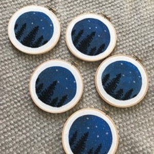 Hand Embroidery. Night Sky and Trees. Hoop Art. Embroidered Art. Stars. Wall Art. Home Decor. Embroidery Hoop. Forest. Constellation. image 5