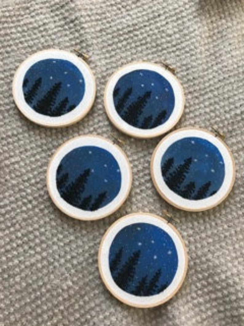 Hand Embroidery. Night Sky and Trees. Hoop Art. Embroidered Art. Stars. Wall Art. Home Decor. Embroidery Hoop. Forest. Constellation. image 5