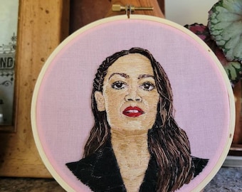 Alexandria Ocasio Cortez. AOC. Political Art. Hand Embroidered Portrait. Embroidery Hoop. Hoop Art. Women. Embroidered Portrait. Art.