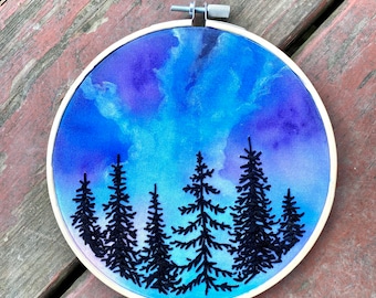 Night Sky. Trees. Pine. Nature. Hand Embroidery. Embroidery Hoop. Embroidered Hoop. Embroidered Art. Art. Wall Art. Handmade.