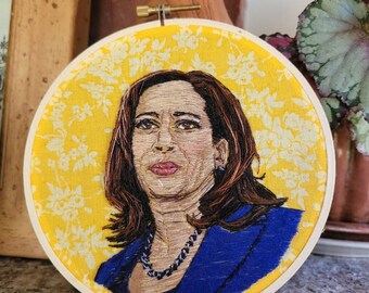 Kamala Harris. Vice President. Democrat. Hand Embroidered Portrait. Hand Embroidery. Embroidery Hoop. Women. Hoop Art. VP. Kamala. Art.