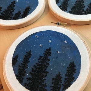 Hand Embroidery. Night Sky and Trees. Hoop Art. Embroidered Art. Stars. Wall Art. Home Decor. Embroidery Hoop. Forest. Constellation. image 3