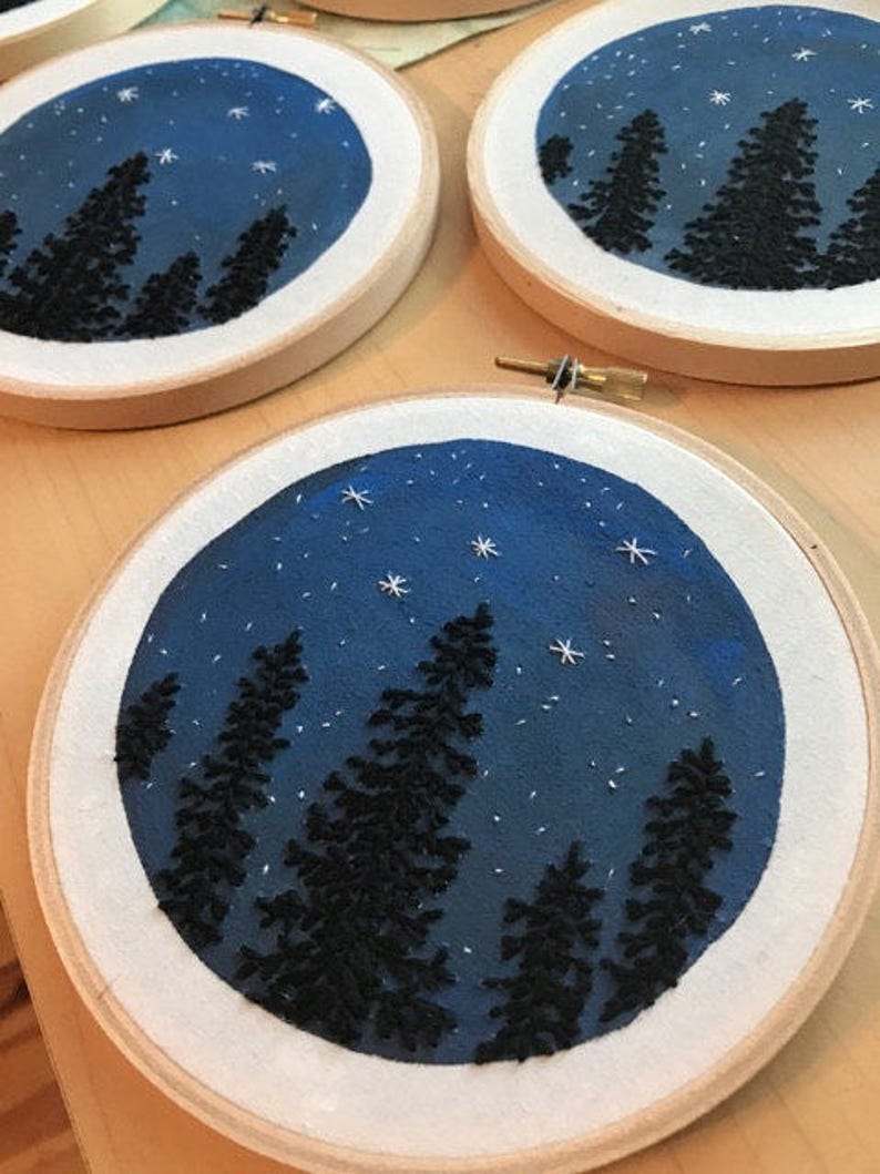 Hand Embroidery. Night Sky and Trees. Hoop Art. Embroidered Art. Stars. Wall Art. Home Decor. Embroidery Hoop. Forest. Constellation. image 3