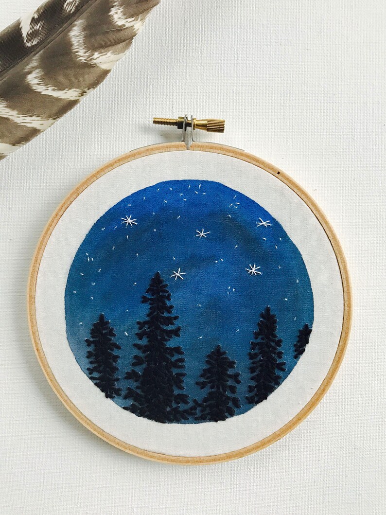 Hand Embroidery. Night Sky and Trees. Hoop Art. Embroidered Art. Stars. Wall Art. Home Decor. Embroidery Hoop. Forest. Constellation. image 1