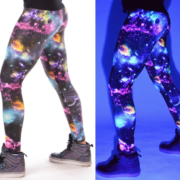 UV Space Men's Leggings // UV Reactive Black Light Galaxy Meggings // Revolver Fashion Burning Man Men's Costume Universe Meggings