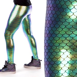 Green Merman Holograph Leggings  // Metallic Men's Mermaid Meggings, Green fish scale