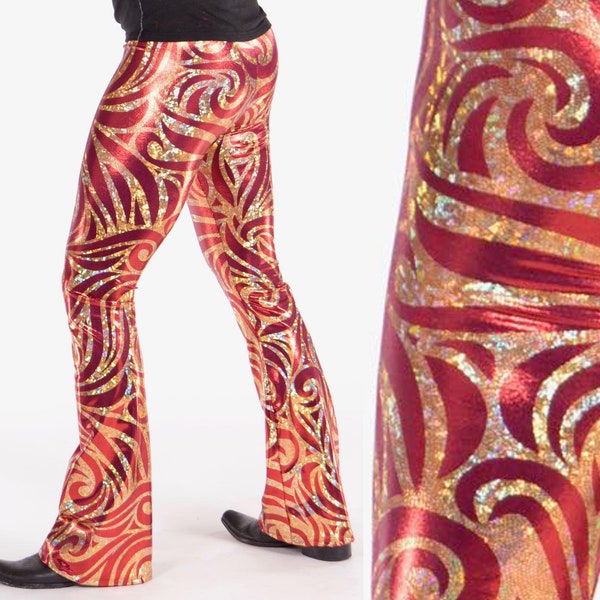Red Holograph Hercules Flare Pants // Revolver Fashion Rocker Print Rockstar Leggings // Great Holographic Burning Man Costume