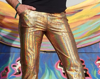 4 Pocket Gold Snake Flare Pants - Holographic Metallic Snake Print Bell Bottoms