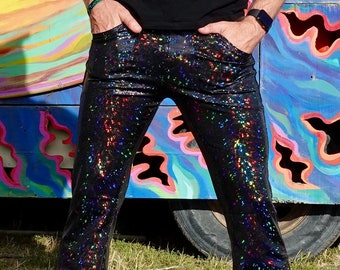 4 Pocket Black Disco Flare Pants - Disco Ball Men's Holographic Flare Pants // Metallic Mens Bell Bottoms