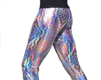 Blue Dazzle Tribal Hologram UV Reactive Meggings // Abstract Geometric Black Light Mens Leggings // Festival Outfit & Men's Rave Gear