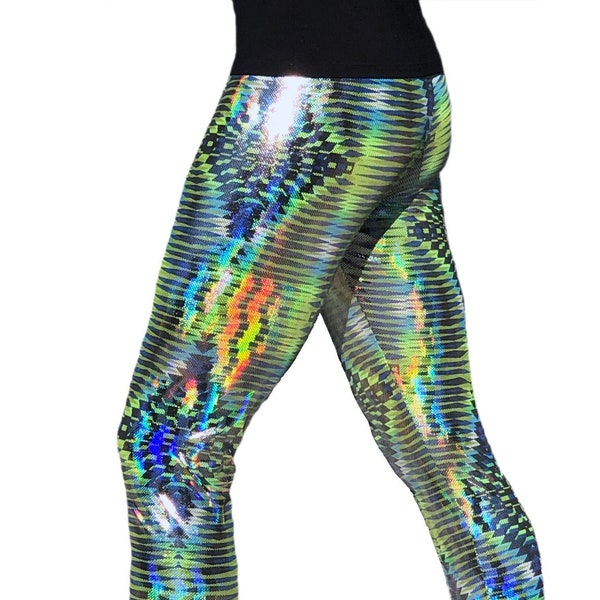 GREEN Dazzle Tribal Hologram UV Reactive Meggings // Black Light Mens Leggings // Festival Outfit Rave Gear