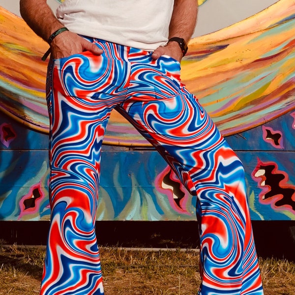 4 Pocket Funky Swirl Flare Pants - Men's Hippie Trippy Psychedelic Bell Bottoms