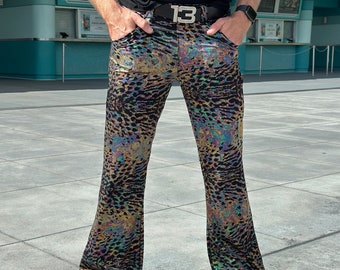 4 Pocket Sex Panther Naga Black - Flare Pants - Holographic Metallic Mens Bell Bottoms