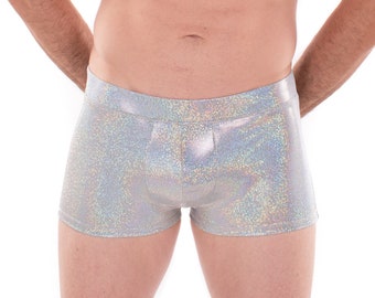 GRAY SILVER Sparkle Holograph Men's Pouch Booty Shorts // Sparkle Square Front Swim Trunks