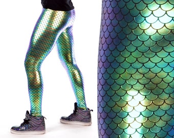 Green Merman Holograph Leggings  // Metallic Men's Mermaid Meggings, Green fish scale