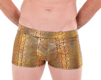 Gold Snake Men's Pouch Booty Shorts // Serpent Square Front Swim Trunks