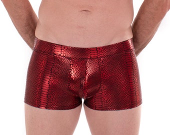 Snake RED Men's Pouch Booty Shorts // Serpent Square Front Swim Trunks