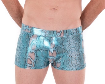 Blue Holographic Snake Men's Pouch Booty Shorts // Sparkle Square Front Swim Trunks