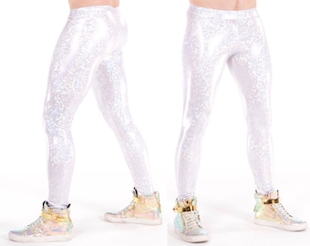 WHITE Disco Ball Holographic Meggings | Spandex Men's leggings | Revolver Fashion Men's Festival Fashion