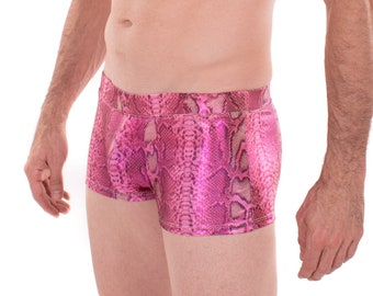 Pink Holographic Snake Men's Pouch Booty Shorts // Sparkle Square Front Swim Trunks