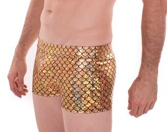 Gold Merman - Short pour homme avec pochette et bottines // Maillot de bain carré en écailles de poisson disco // Poisson rouge