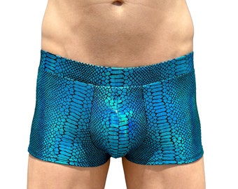 Snake Turquoise Herren Pouch Booty Shorts // Serpent Square Front Badehose