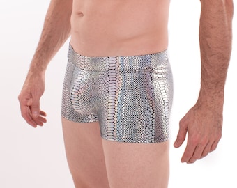 Silver Snake Men's Pouch Booty Shorts // Serpent Square Front Swim Trunks