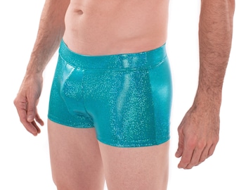 TEAL Sparkle Holographic Men's Brief Booty Shorts (1 of 8 colors) // Square Front Swim Trunks Festival Shorts w/ Front "Junk" Pouch