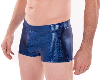 ROYAL BLUE Sparkle Holographic Men's Brief Booty Shorts (1 of 8 colors) // Square Front Swim Trunks Festival Shorts w/ Front "Junk" Pouch